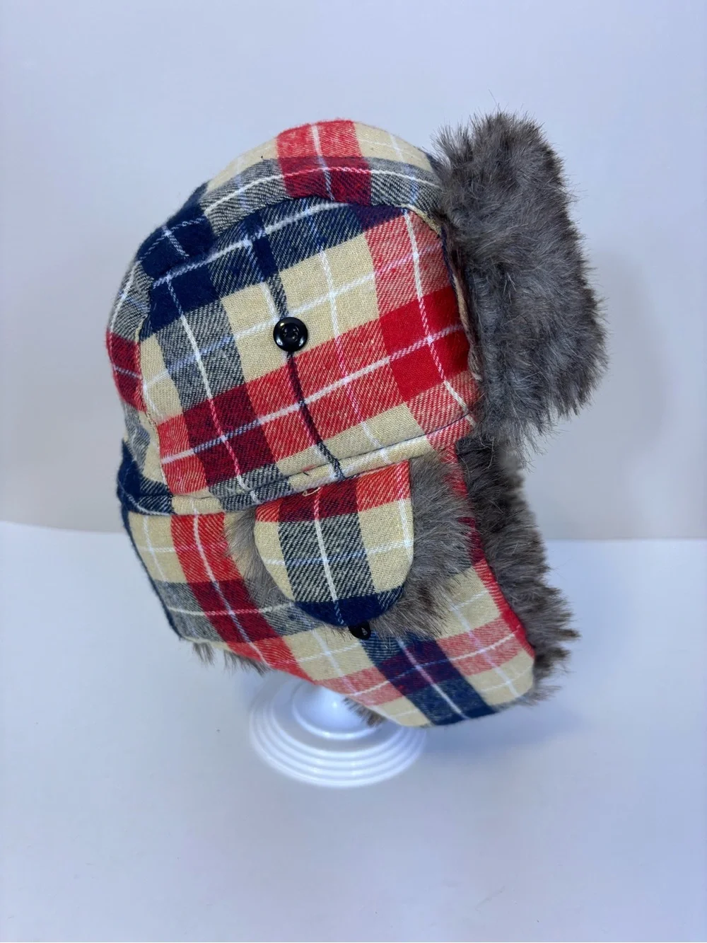 MLB Minnesota Twins Faux Fur Winter Trapper Hat in Blue with Red Plaid Unisex